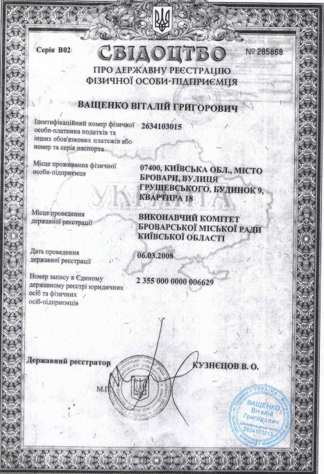 СВІДОЦТВО Про державну реєстрацію фізичної особи-підприємця